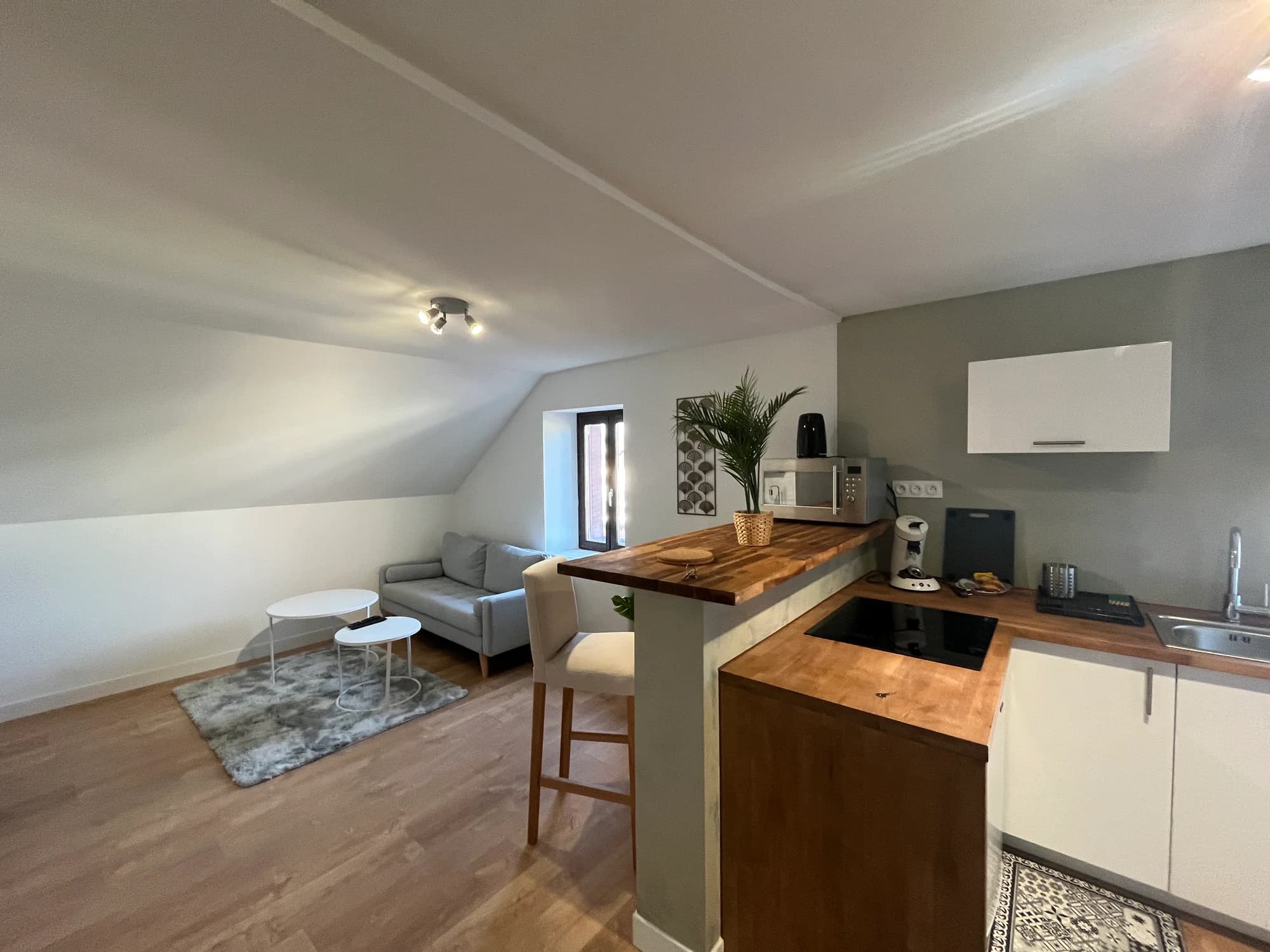 Cuisine ouverte avec bar dans le Studio de Romain rénové à Exincourt